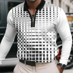 Discount OUKU Men's Geometric Pattern Polo Long Sleeve Turndown Modern Casual Sports & Outdoor Athleisure Casual Daily Zipper 3D Print Spring Fall Winter dark brown Light Brown White