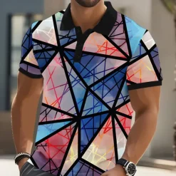 Online OUKU Men's Geometric Pattern Polo Short Sleeve Polo Shirts Collared Shirts Casual Athleisure Outdoor clothing Daily Wear 3D Print Buttons Summer Yellow Blue Green