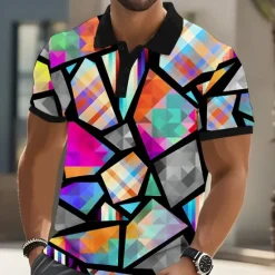 Online OUKU Men's Geometric Pattern Polo Short Sleeve Polo Shirts Collared Shirts Casual Athleisure Outdoor clothing Daily Wear 3D Print Buttons Summer Yellow Blue Green