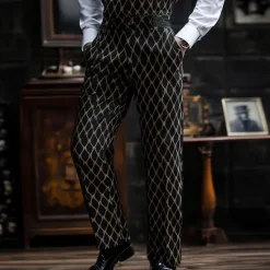 Best OUKU Men's Geometric Pattern Rhombus Dress Pants Mid Waist Business Casual Formal Wedding Dailywear Zipper Pocket Straight Leg Trousers Summer Spring Fall 3D Print Black