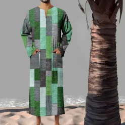 Best OUKU Men's Geometric Pattern Shirt Button Up Shirt Muslim Thobe Long Sleeve Vintage Fashion Designer Outdoor Fall & Winter V Neck Print Yellow Light Green Pink Blue Green