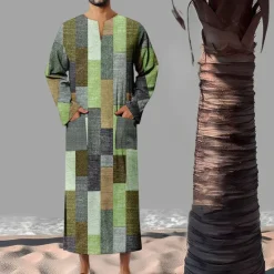 Best OUKU Men's Geometric Pattern Shirt Button Up Shirt Muslim Thobe Long Sleeve Vintage Fashion Designer Outdoor Fall & Winter V Neck Print Yellow Light Green Pink Blue Green