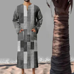 Best OUKU Men's Geometric Pattern Shirt Button Up Shirt Muslim Thobe Long Sleeve Vintage Fashion Designer Outdoor Fall & Winter V Neck Print Yellow Light Green Pink Blue Green