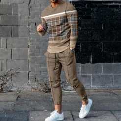 OUKU Men's Geometric 2pcs 3D Sweatshirt Sets Matching Sets Tracksuit Long Sleeve Long pants Crew Neck Sport Designer Casual Outdoor Sports Outdoor Daily Spring & Summer Brown