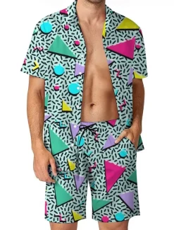 Sale OUKU Men's Geometric 2pcs Shirts Sets Summer Tops Short Sleeve Short Pants Turndown Casual Outdoor Home Casual 3D Print Summer Robin's Egg Blue Black Red