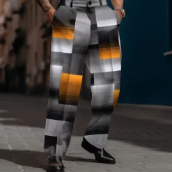 Sale OUKU Men's Geometric Plaid Color Block Dress Pants Mid Waist Business Casual Formal Street Dailywear Zipper Pocket Straight Leg Trousers Summer Spring Fall 3D Print Black Blue Brown