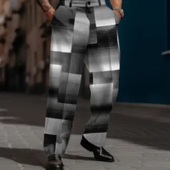 Sale OUKU Men's Geometric Plaid Color Block Dress Pants Mid Waist Business Casual Formal Street Dailywear Zipper Pocket Straight Leg Trousers Summer Spring Fall 3D Print Black Blue Brown