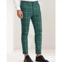 Online OUKU Men's Geometric Plaid Dress Pants Mid Waist Casual Outdoor Vacation Home Zipper Pocket Summer Spring Fall 3D Print Black Red Orange