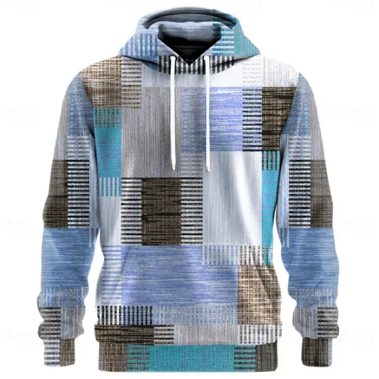 Sale OUKU Men's Geometric Plaid Hoodies Sweatshirt Ethnic Cowboy Long Sleeve Crew Neck Holiday Streetwear Red Blue Drawstring Fall Winter Designer