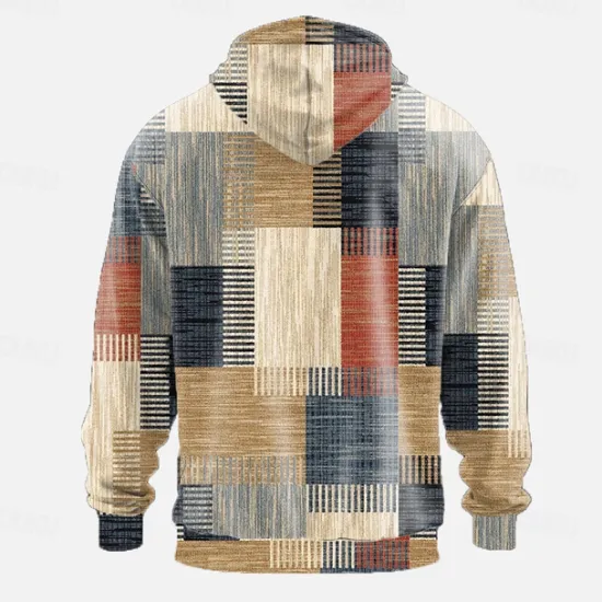 Sale OUKU Men's Geometric Plaid Hoodies Sweatshirt Ethnic Cowboy Long Sleeve Crew Neck Holiday Streetwear Red Blue Drawstring Fall Winter Designer