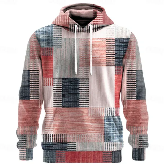 Sale OUKU Men's Geometric Plaid Hoodies Sweatshirt Ethnic Cowboy Long Sleeve Crew Neck Holiday Streetwear Red Blue Drawstring Fall Winter Designer