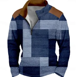 Clearance OUKU Men's Geometric Plaid Sweatshirt Sports Fashion Long Sleeve Stand Collar Home Party Work Blue Purple Fall Winter Designer