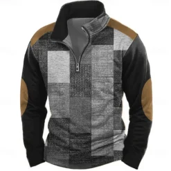 OUKU Men's Geometric Plaid Sweatshirt Casual Long Sleeve High Neck Vacation Streetwear Red Blue Zipper Quarter Zip Fall Winter Designer