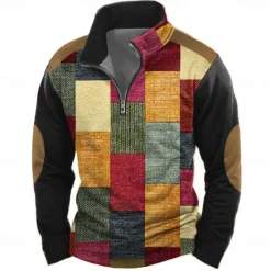 OUKU Men's Geometric Plaid Sweatshirt Casual Long Sleeve High Neck Vacation Streetwear Red Blue Zipper Quarter Zip Fall Winter Designer