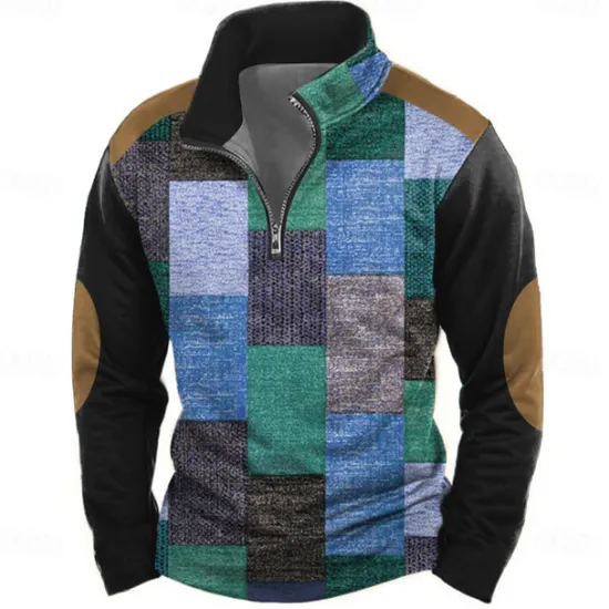 OUKU Men's Geometric Plaid Sweatshirt Casual Long Sleeve High Neck Vacation Streetwear Red Blue Zipper Quarter Zip Fall Winter Designer