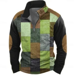 OUKU Men's Geometric Plaid Sweatshirt Casual Long Sleeve High Neck Vacation Streetwear Red Blue Zipper Quarter Zip Fall Winter Designer