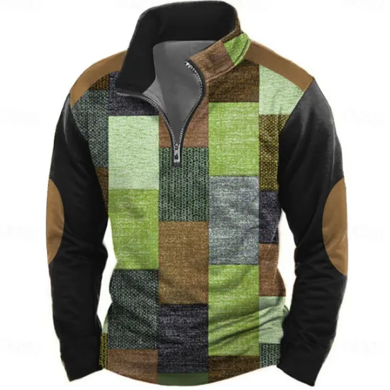 OUKU Men's Geometric Plaid Sweatshirt Casual Long Sleeve High Neck Vacation Streetwear Red Blue Zipper Quarter Zip Fall Winter Designer