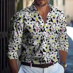 Online OUKU Men's Geometric Polka Dot Shirt Button Up Shirt Casual Dress Shirt Long Sleeve Fashion Casual Vacation Holiday Streetwear Summer Spring Turndown 3D Print Collared Shirts Black White