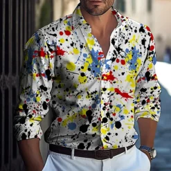 Online OUKU Men's Geometric Polka Dot Shirt Button Up Shirt Casual Dress Shirt Long Sleeve Fashion Casual Vacation Holiday Streetwear Summer Spring Turndown 3D Print Collared Shirts Black White