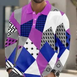 Outlet OUKU Men's Geometric Polo Long Sleeve Polo Shirts Lapel Casual Athleisure Daily Wear 3D Print Buttons Spring Fall Winter Yellow Purple Orange