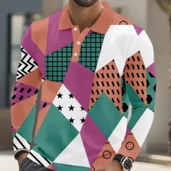Outlet OUKU Men's Geometric Polo Long Sleeve Polo Shirts Lapel Casual Athleisure Daily Wear 3D Print Buttons Spring Fall Winter Yellow Purple Orange