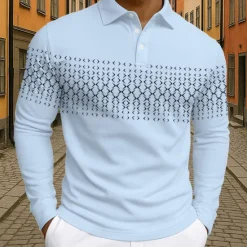 New OUKU Men's Geometric Polo Long Sleeve Polo Shirts Lapel Business Casual Athleisure Daily Wear 3D Print Buttons Spring Fall Winter Black White Blue