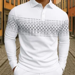 New OUKU Men's Geometric Polo Long Sleeve Polo Shirts Lapel Business Casual Athleisure Daily Wear 3D Print Buttons Spring Fall Winter Black White Blue