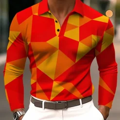 Discount OUKU Men's Geometric Polo Long Sleeve Polo Shirts Lapel Casual Athleisure Daily Wear 3D Print Buttons Spring Fall Winter Red Green