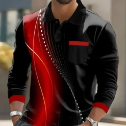 Online OUKU Men's Geometric Polo Long Sleeve Polo Shirts Lapel Casual Business Casual Athleisure Daily Wear Pocket 3D Print Buttons Spring Fall Lake blue Red Blue