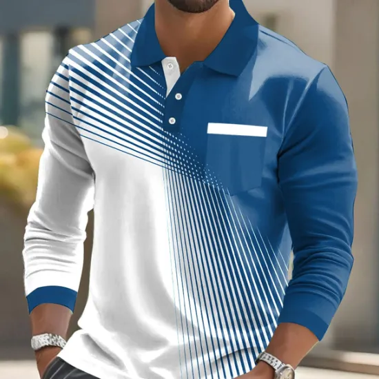 Clearance OUKU Men's Geometric Polo Long Sleeve Polo Shirts Lapel Casual Business Casual Athleisure Daily Wear Pocket 3D Print Buttons Spring Fall Black Red Blue