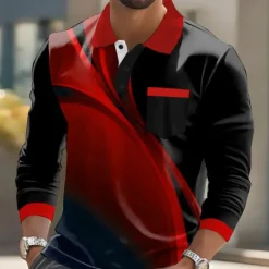 Discount OUKU Men's Geometric Polo Long Sleeve Polo Shirts Collared Shirts Business Casual Business Athleisure Daily Wear Pocket 3D Print Buttons Spring Fall Winter Red Blue Brown