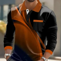 Discount OUKU Men's Geometric Polo Long Sleeve Polo Shirts Collared Shirts Business Casual Business Athleisure Daily Wear Pocket 3D Print Buttons Spring Fall Winter Red Blue Brown