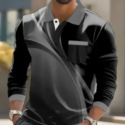 Discount OUKU Men's Geometric Polo Long Sleeve Polo Shirts Collared Shirts Business Casual Business Athleisure Daily Wear Pocket 3D Print Buttons Spring Fall Winter Red Blue Brown