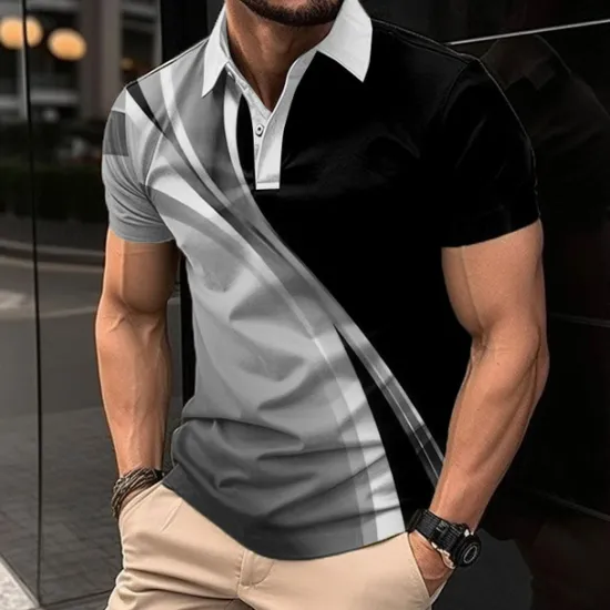 Hot OUKU Men's Geometric Polo Shirts Golf Shirt Short Sleeve Polo Shirts Collared Shirts Business Casual Vacation Wear Formal Wear Festival Wear Buttons 3D Print Summer Blue Green Gray