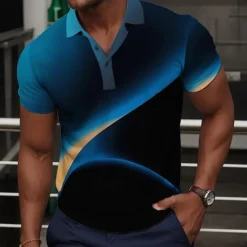 Online OUKU Men's Geometric Polo Shirts Golf Shirt Short Sleeve Polo Shirts Collared Shirts Business Casual Vacation Wear Formal Wear Festival Wear Buttons 3D Print Summer Blue Purple Green