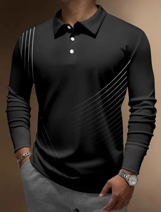 Discount OUKU Men's Geometric Polo Shirts Golf Shirt Long Sleeve Polo Shirts Collared Shirts Business Casual WorkWear Formal Wear Festival Wear Buttons 3D Print Black