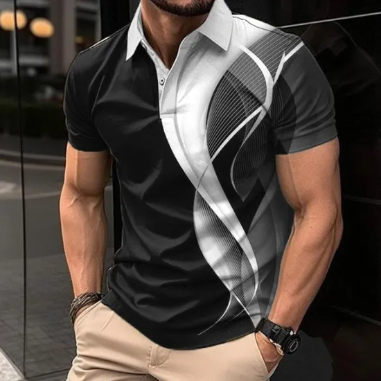 Discount OUKU Men's Geometric Polo Shirts Golf Shirt Short Sleeve Polo Shirts Collared Shirts Business Casual Vacation Wear Formal Wear Festival Wear Buttons 3D Print Summer Black White Navy Blue