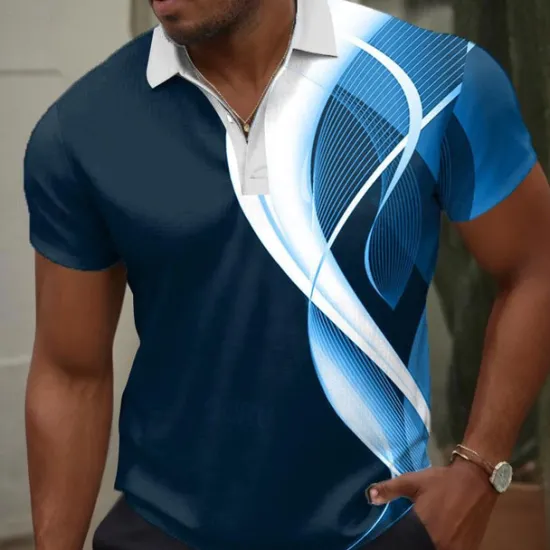 Discount OUKU Men's Geometric Polo Shirts Golf Shirt Short Sleeve Polo Shirts Collared Shirts Business Casual Vacation Wear Formal Wear Festival Wear Buttons 3D Print Summer Black White Navy Blue