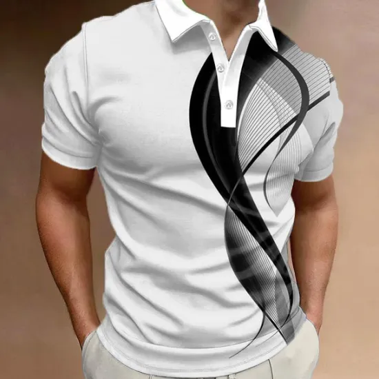 Discount OUKU Men's Geometric Polo Shirts Golf Shirt Short Sleeve Polo Shirts Collared Shirts Business Casual Vacation Wear Formal Wear Festival Wear Buttons 3D Print Summer Black White Navy Blue