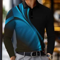 Clearance OUKU Men's Geometric Polo Shirts Golf Shirt Long Sleeve Polo Shirts Collared Shirts WorkWear Formal Wear Festival Wear Buttons 3D Print Fall & Winter Blue