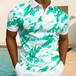 Clearance OUKU Men's Geometric Polo Short Sleeve Polo Shirts Collared Shirts Casual Athleisure Daily Wear Buttons Summer White Light Green Blue