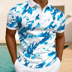 Clearance OUKU Men's Geometric Polo Short Sleeve Polo Shirts Collared Shirts Casual Athleisure Daily Wear Buttons Summer White Light Green Blue