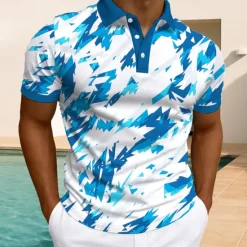 Clearance OUKU Men's Geometric Polo Short Sleeve Polo Shirts Collared Shirts Casual Athleisure Daily Wear Buttons Summer White Light Green Blue