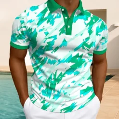Clearance OUKU Men's Geometric Polo Short Sleeve Polo Shirts Collared Shirts Casual Athleisure Daily Wear Buttons Summer White Light Green Blue