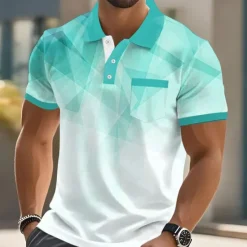 OUKU Men's Geometric Polo Short Sleeve Turndown Business Casual Daily Sports & Outdoor Business Casual Daily Pocket Buttons Summer Robin's Egg Blue Dark Blue Green