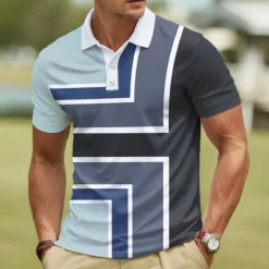 Outlet OUKU Men's Geometric Polo Short Sleeve Polo Shirts Collared Shirts Casual Athleisure Daily Wear Buttons Summer Pink Blue Purple