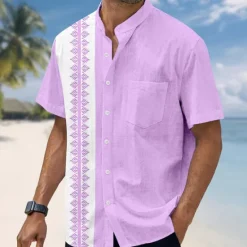 OUKU Men's Geometric Shirt Guayabera Shirt Stand Collar Shirt Short Sleeve Fashion Casual Vacation Holiday Beach Wear Summer Spring Mandarin Collar Band Collar Grandad Collar 3D Print Linen Like Shirt