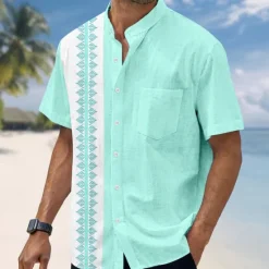 OUKU Men's Geometric Shirt Guayabera Shirt Stand Collar Shirt Short Sleeve Fashion Casual Vacation Holiday Beach Wear Summer Spring Mandarin Collar Band Collar Grandad Collar 3D Print Linen Like Shirt