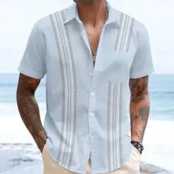 Hot OUKU Men's Geometric Shirt Guayabera Shirt Button Up Shirt Short Sleeve Fashion Casual Vacation Dailywear Beach Wear Summer Spring Turndown 3D Print Collared Shirts Front One Pocket White Pink Blue