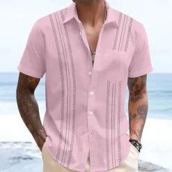 Hot OUKU Men's Geometric Shirt Guayabera Shirt Button Up Shirt Short Sleeve Fashion Casual Vacation Dailywear Beach Wear Summer Spring Turndown 3D Print Collared Shirts Front One Pocket White Pink Blue